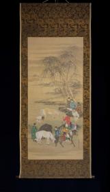 清代 洗马图，狩野派  狩野藤原 晚年作品。高档西阵织装裱。