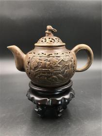 一口价古董近现代周小明纯手工制作双层浮雕紫砂壶大周浮雕款茶壶买家自鉴特价包邮