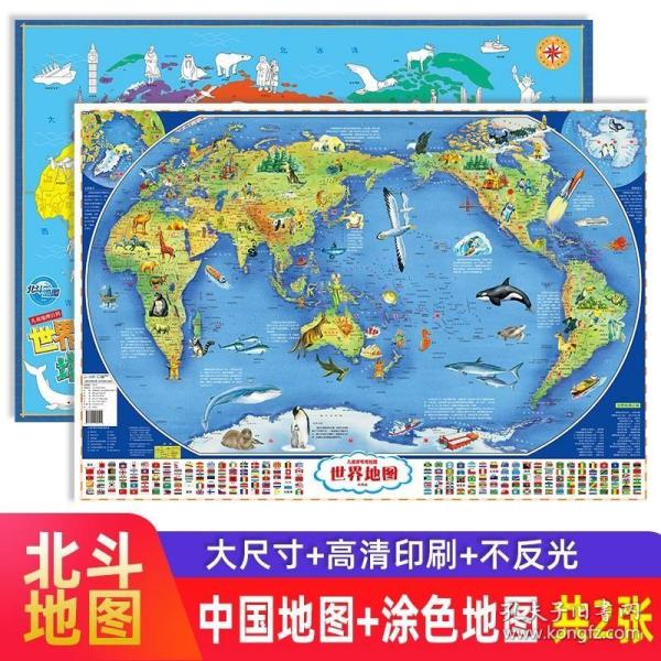 北斗童书儿童房专用地理百科知识挂图墙贴（中国地图+世界地图）（套装共2张）[3~6岁]