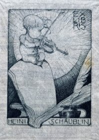 瑞士艺术家“Alfred Soder  (1880-1957)”蚀刻藏书票—《书籍上的小吉他手》