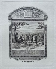 “美国藏书票黄金时期五大家”— 史密斯（Sidney L. Smith）铜版藏书票《约翰·艾略特和约翰·克顿宣读祝圣词》 1908怀旧作品 手工纸