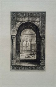 “美国藏书票黄金时期五大家”— 史密斯（Sidney L. Smith）铜版藏书票《西班牙阿尔罕布拉宫拜占庭式拱门》 1905怀旧作品 手工水印纸
