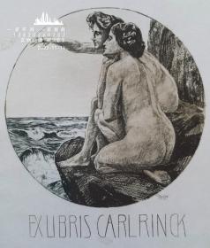 德国艺术大师“Streller Carl (1889-1967) ”套色蚀刻人体藏书票—《海边情侣》