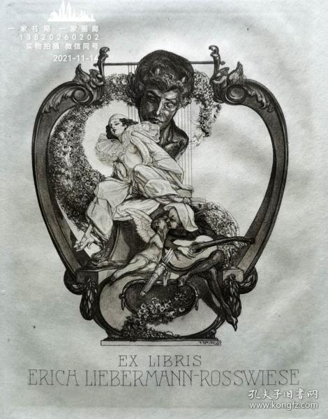 “奥地利风月大师”拜劳斯（Franz von BAYROS）腐蚀凹版藏书票 —《裸女，天使与吉他手》