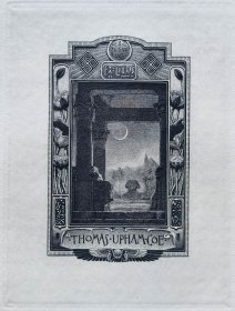 “美国藏书票黄金时期五大家”— 史密斯（Sidney L. Smith）铜版藏书票《月夜》 1901怀旧作品 手工水印纸