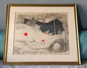 法籍日裔艺术家 藤田嗣治 原作石版画 《Le Reve》亲笔签名 【可议】