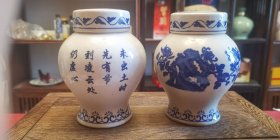 保定槐茂酱菜坛，两个一对出售，白瓷贴花工艺酱菜坛