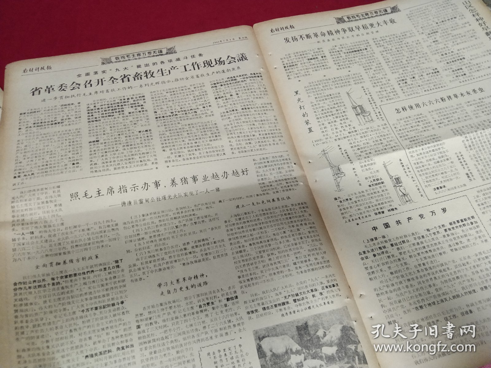 老报纸（小报）一张，1969年7月4日四版，社论《中国共产党万岁——纪念中国共产党诞生四十八周年》，德清县雷甸公社实现了一人一猪