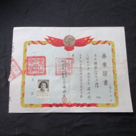 1953年上海第二医学院护士毕业证书一张，校长杨顺英毛笔签名钤印，美女照片，带毛主席头像，华东军政委员会——如图