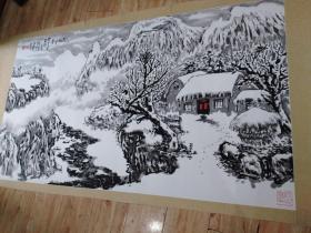 山东著名老山水画家-王金羽-山村瑞雪【保真迹】