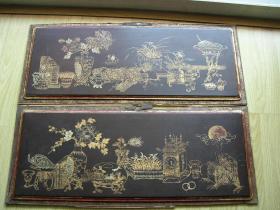 老金漆绘博古图花木板一对真品古玩古董民国家具花板收藏包老保真