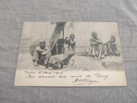 天津老明信片，清末天津街头贫民，1907年实寄掉票