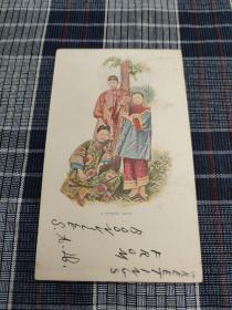 清末老明信片，中国女孩，美女，1907年实寄