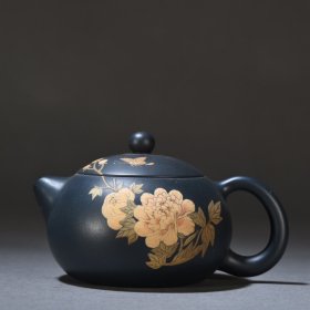 回流 紫砂加彩花开富贵茶壶。
