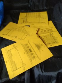 买满就送，寺院建筑图纸四张，入母屋佛堂，平面图，正面图，断面图，侧面图，梁行断面图，桁行断面图