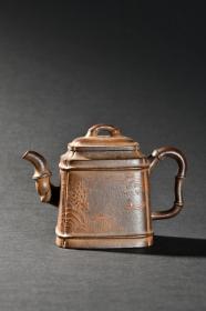 旧藏 “乾隆年制”款 紫砂老料山水诗文茶壶。