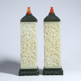 和田玉山水人物四方香筒一组