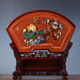 创汇时期剔红百宝嵌春意天成图扇形座屏