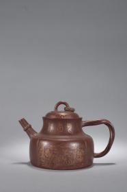 清代-老紫砂描金山水茶壶。