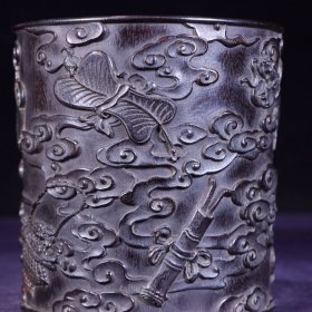 旧藏：老紫檀木雕“八宝”纹文房笔筒