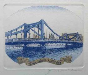 内藤八千代蔵书票 隅田川桥 清州桥 1999年 签名 铜版 尺寸８×10厘米