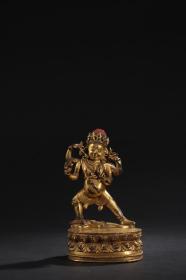 清代-铜鎏金四臂护法造像。