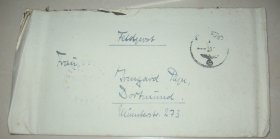 德意志第三帝国 1941年1月 德国 军邮 军事邮件 免资 实寄封附信函 信札 1枚 销纳粹鹰徽戳