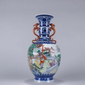 清乾隆-青花粉彩“八仙人物”双龙耳赏瓶