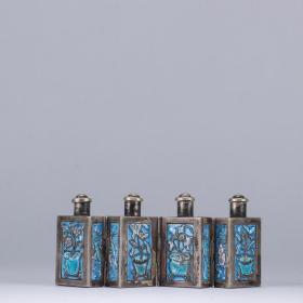 回流-纯银烧蓝四季花药丸罐一套