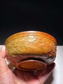 明 和田玉籽料 沁色 摩羯纹 玉钵 玉碗 摆件 直径13高5.5厘米 重345克