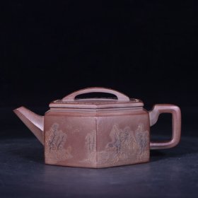 旧藏 老紫砂泥绘风景六方壶 尺寸：长16.5cm宽11cm高7cm