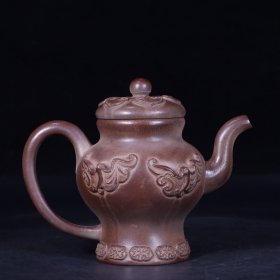 旧藏 老紫砂堆塑宫灯壶 尺寸：长17.5cm宽10cm高13.5cm