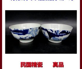 瓷器民国精瓷青花山水农夫图细瓷小碗一对低价出售-11