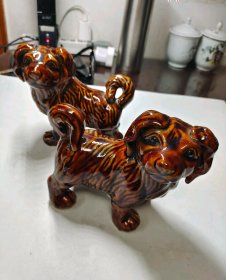 八十年代首尾长16.5厘米酱釉色鎏釉狮子狗摆件一对，原配，全品，无磕碰裂，无剥釉-27