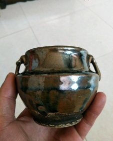 明代紫金釉窑变双系小罐，高8厘米，口径7.5厘米-85