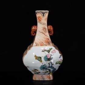 清雍正石斑釉珐琅彩荷叶纹扁瓶