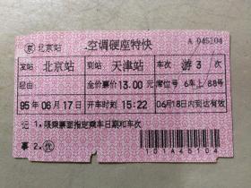 老火车票收藏：火车票收藏：95年北京站—游3次—天津站（早期电子票Ⅱ型客票）