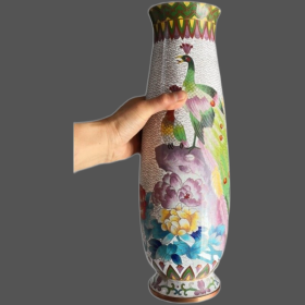 80年代创汇期老库存孔雀纹景泰蓝特大花瓶高40cm铜胎珐琅对瓶