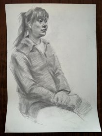 4开佚名素描绘画作品 坐着的女孩