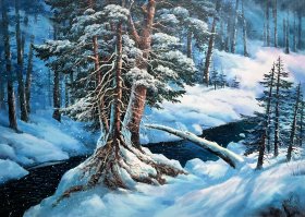 朝鲜油画，手绘油画风景油画《雪景》功勋画家金哲