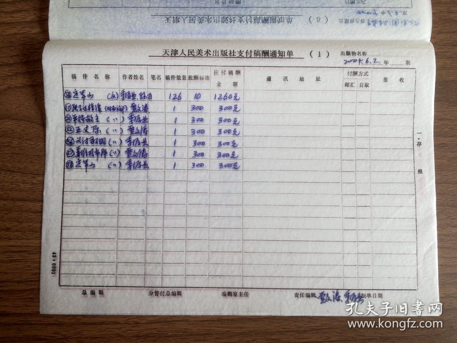 天津人民美术出版社支付稿酬通知单2张1-3联（多人）：2004年卡通本三国演义