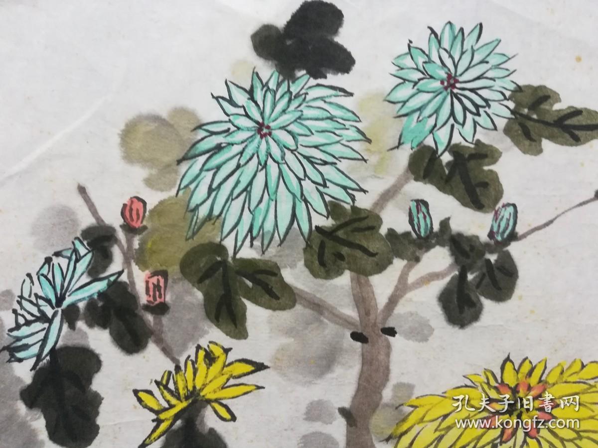 手绘真迹国画：李霞小品画《露菊新花一半黄》