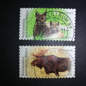 德国邮票（动物）2012年 本土野生动物 猞猁 麋鹿 1套2枚