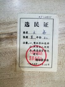 1989年天津市河西区选民文亳（天津人艺演员）证件一张