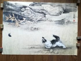 手绘真迹国画：中国美术家协会会员、工艺美术大师米春茂工笔画猫（熟宣）