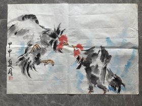 手绘真迹国画：管仲《斗鸡》