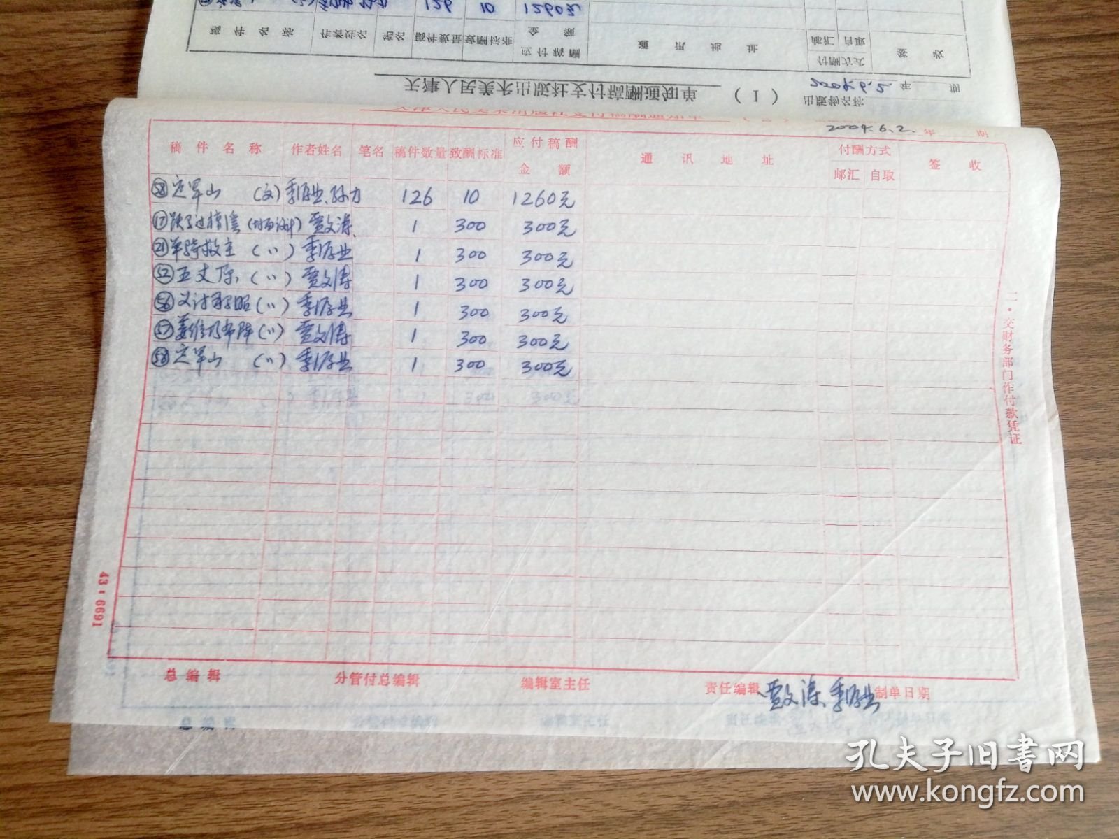 天津人民美术出版社支付稿酬通知单2张1-3联（多人）：2004年卡通本三国演义