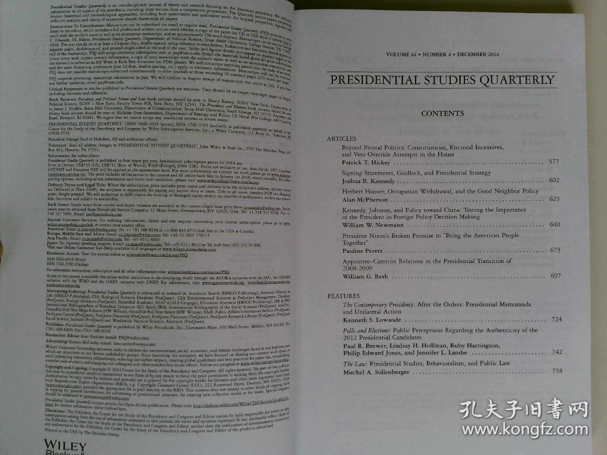 PRESIDENTIAL STUDIES QUARTERLY  VOL.44 NO.4 2014/12 总统研究季刊