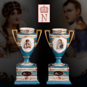 意大利 19世纪 拿破仑与约瑟芬皇后肖像 瓷瓶
