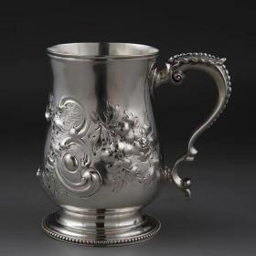 英国 1859年 925纯银 高浮雕 花卉 水杯 马克杯 带贵族徽记